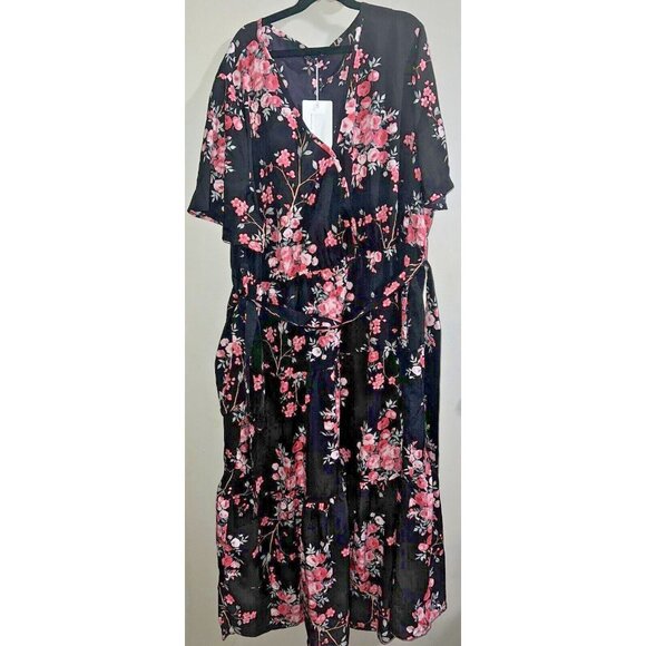 NEW BloomChic Black Pink Floral Dress Belted Short Sleeve 18-20 Prom Fancy Event - Picture 1 of 5